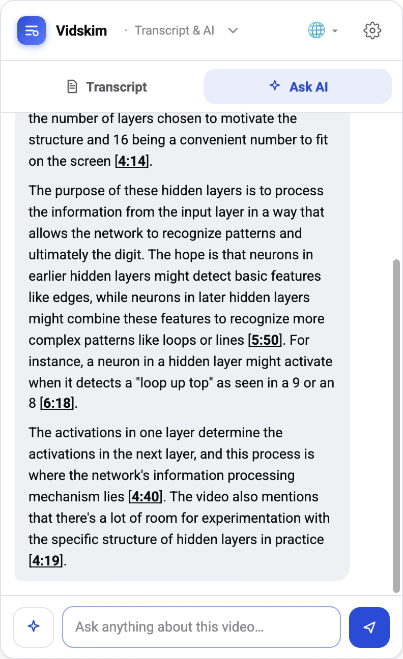 Vidskim Ask AI tab: a real answer about hidden layers with clickable timecode citations